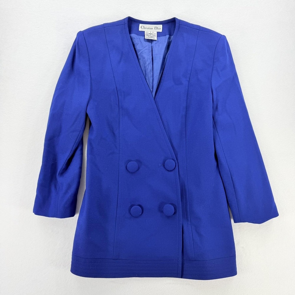 Vintage Christian Dior Blazer Womens 4 Blue Collarless Double Breasted Wool 80s